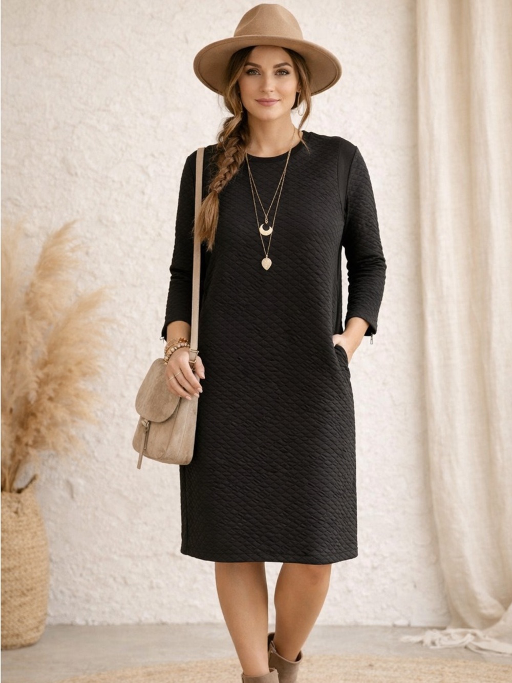 Pink Tartan Quilted Mixed Media Long Sleeve Midi Dress EUC Medium